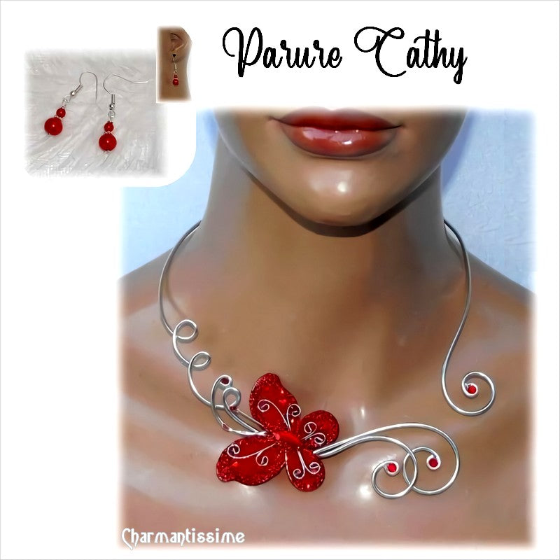 parure collier papillon rouge tendance glamour sur aluminium pour mariage et fêtes