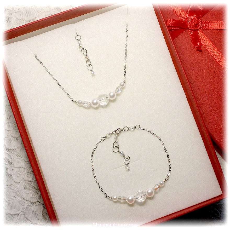 Parure bijoux argent 925, cristal de roche, perles blanches, collier, bracelet, mariée, mariage