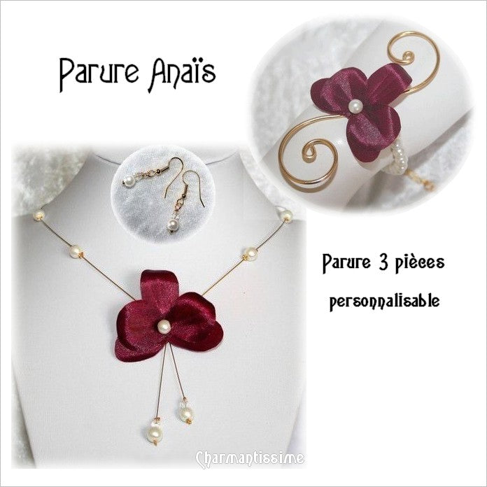 Parure bijoux mariage boheme fleur orchidée bordeaux et perles ivoires