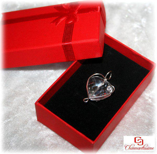 Pendentif coeur cristal bohême et spirales plaqué-argent + strass et son écrin cadeau