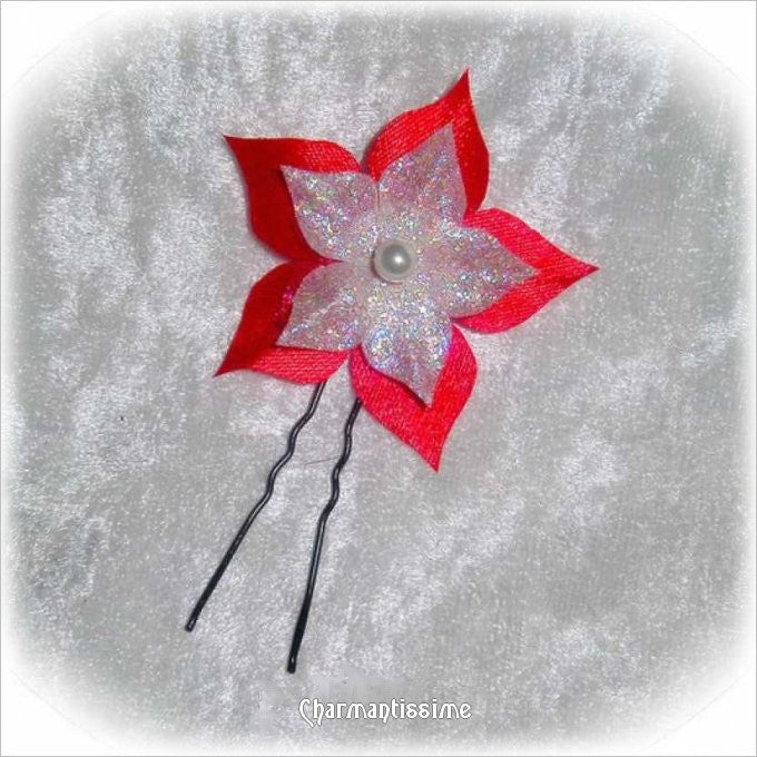 pic à chignon de mariage fleur rouge et blanche (2 couleurs) en satin et organza irisé scintillant bohème-chic et perle nacrée, personnalisable autres couleurs pour mariée et demoiselle d'honneur
