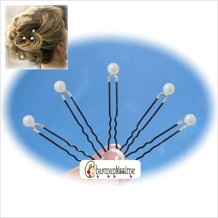 pics à chignon mariage Perles nacrées blanches pour coiffure de mariée, 6 ou 8mm sur support noir ou doré