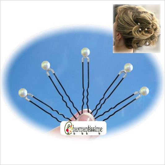 pics à chignon mariage Perles nacrées ivoires blanc cassé pour coiffure de mariée, 6 ou 8mm sur support noir ou doré