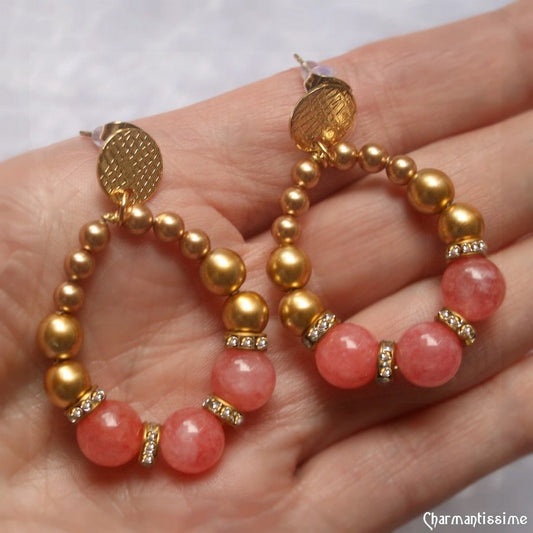 Boucles d'oreilles créoles gouttes en perles rose corail de rhodochrosite et or