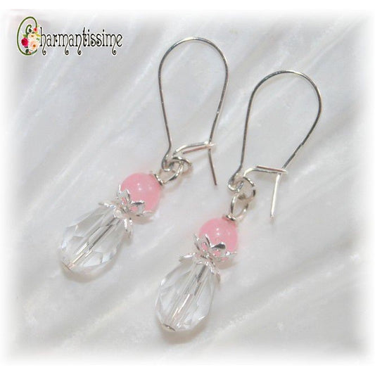 Boucles d'oreilles Princesse Argent Gouttes cristal Perles calcédoine rose
