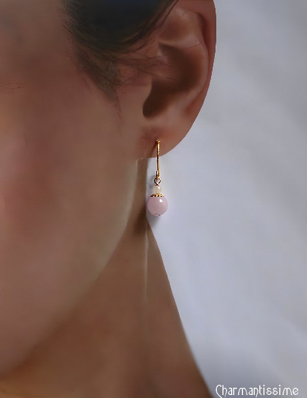boucles d'oreilles mariée rose, blanc et doré or avec perle kunzite