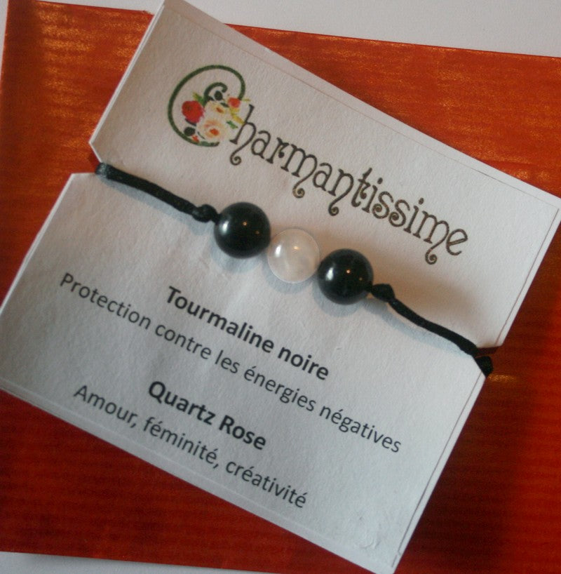 Cadeau femme bracelet perles tourmaline noire et quartz rose