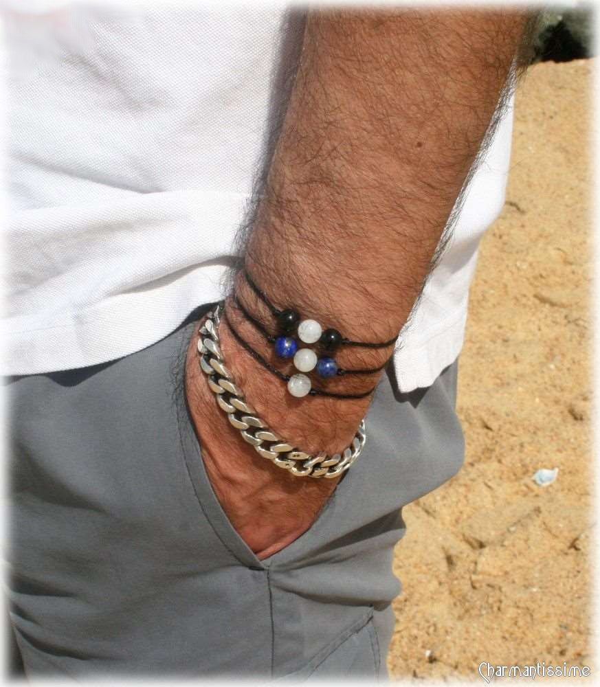 Bracelet homme pierres naturelles, tourmaline noire, pierre de lune tendance minimaliste