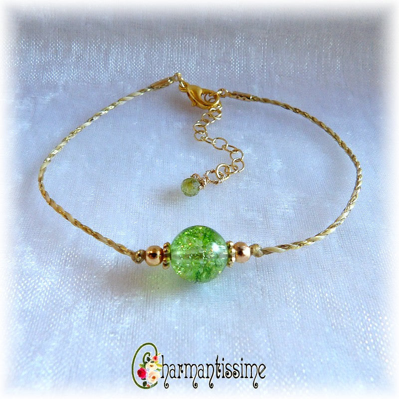 bracelet perle péridot vert et pendentif péridot vert et or, ajustable