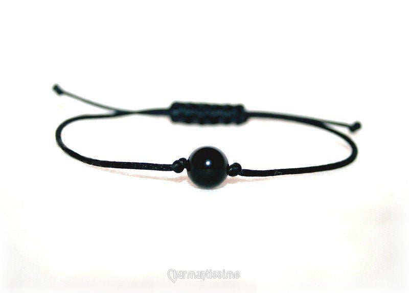 Bracelet Tourmaline noire cordon fin noir style minimaliste ajustable / homme / femme