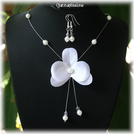 Collier mariage fleur orchidée blanches et perles