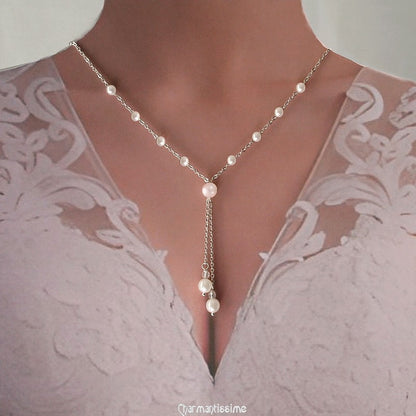 collier mariage - Collier mariée Victoria - Collier forme V avec chaine pendants de perles