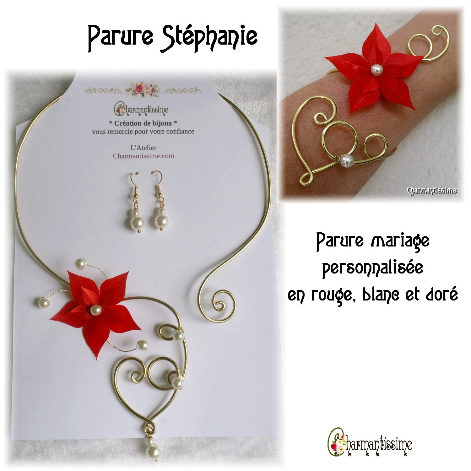 Parure mariage collier et bracelet fleur rouge, perles blanches sur coeur doré or