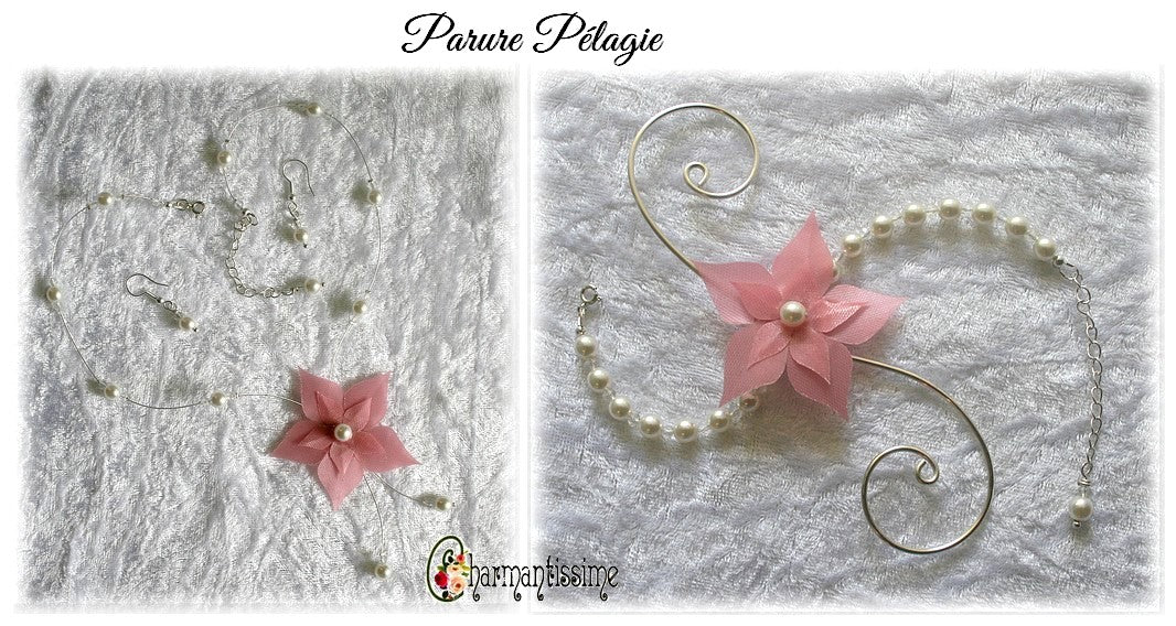 parure bijoux de mariage : collier et bracelet fleur vieux rose et perles blanches sur mesure