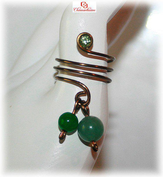 Bague Strass cristal vert Pampille perles Jade et aventurine sur fil cuivre émaillé bronze
