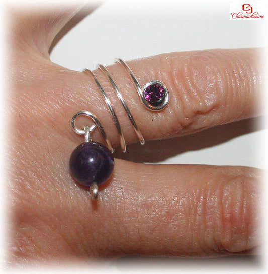 Bague ressort multi rangs pas chère avec perle améthyste et strass cristal violet