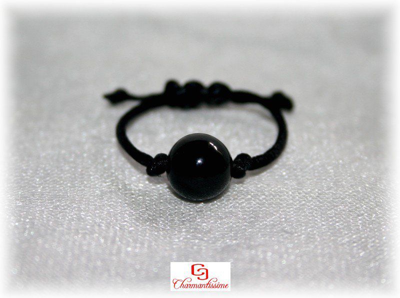 Bijou bague perle pierre tourmaline noire boho-chic minimaliste ajustable pour homme femme