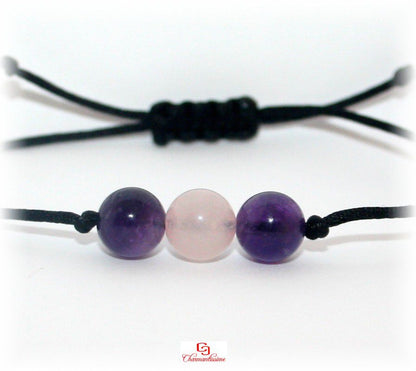 Bracelet améthyste et quartz rose minimaliste pour enfant et femme sur cordon fin