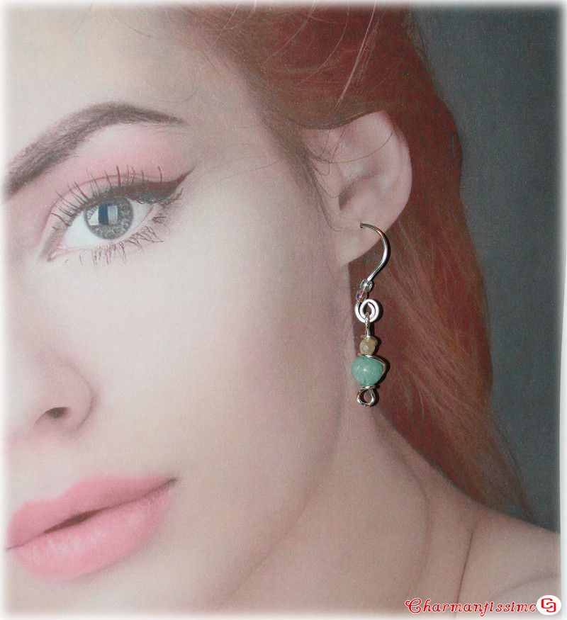Belles boucles d'oreille Amazonite et Perles cristal sur fil wire-wrapping couleur argent