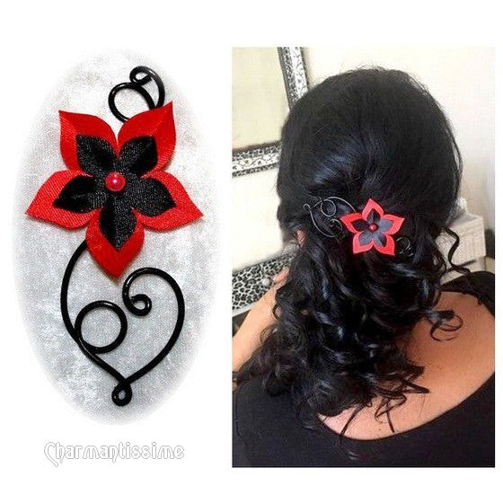 Bijou de cheveux fleur étoile rouge et noire sur coeur en fil d'aluminium noir pour mariage et fête