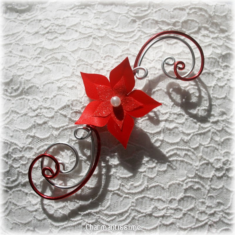 Bijou de cheveux fleur rouge et blanche en satin organza sur volutes alu argent et rouge pour mariage champêtre romantique