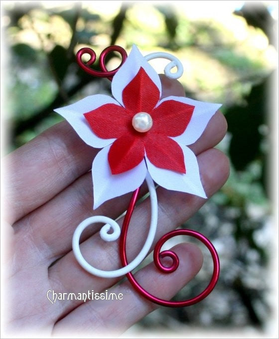 bijou de cheveux (pic à chignon) fleur rouge et blanche en satin sur fils d'alu assortis, personnalisable autres couleurs pour mariage et fête