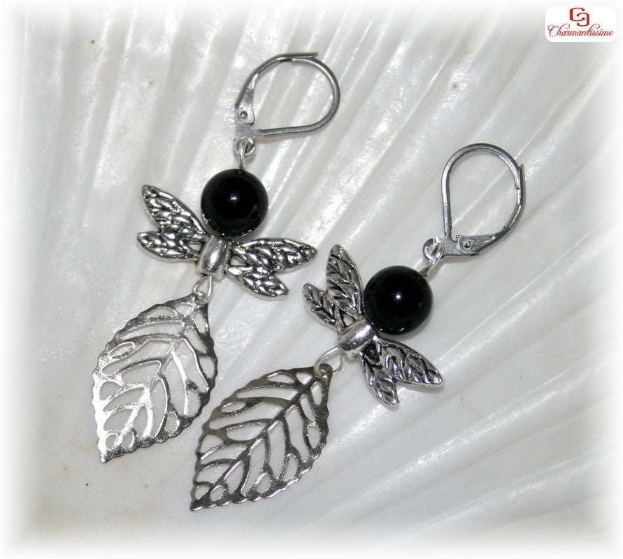 Boucles d'oreilles argent ailes ange libellule feuille Perle tourmaline noire onirique romantique en acier inox