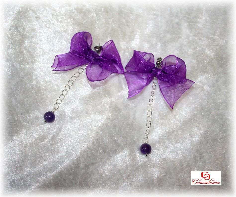 Boucles d'oreilles violettes chic vintage noeud et améthyste