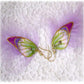 Boucles d'oreilles papillon satin, strass, plumes, violet, vert, doré, mauve