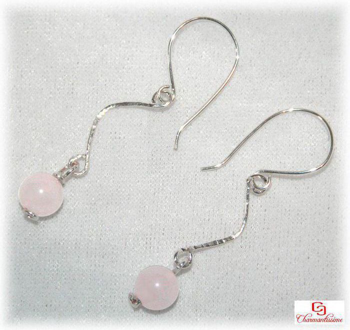 Boucles d'oreilles Amour pendantes argent Quartz rose romantique minimaliste fines courbes uniques