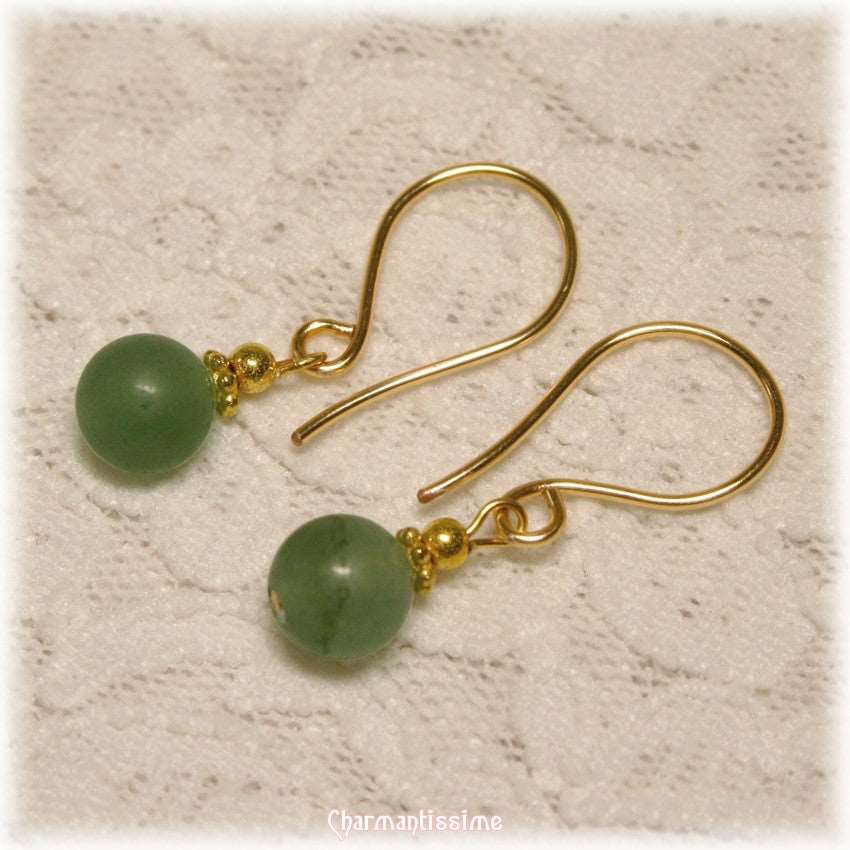 Boucles d'oreilles en aventurine verte, dorées à l'or fin 14kt