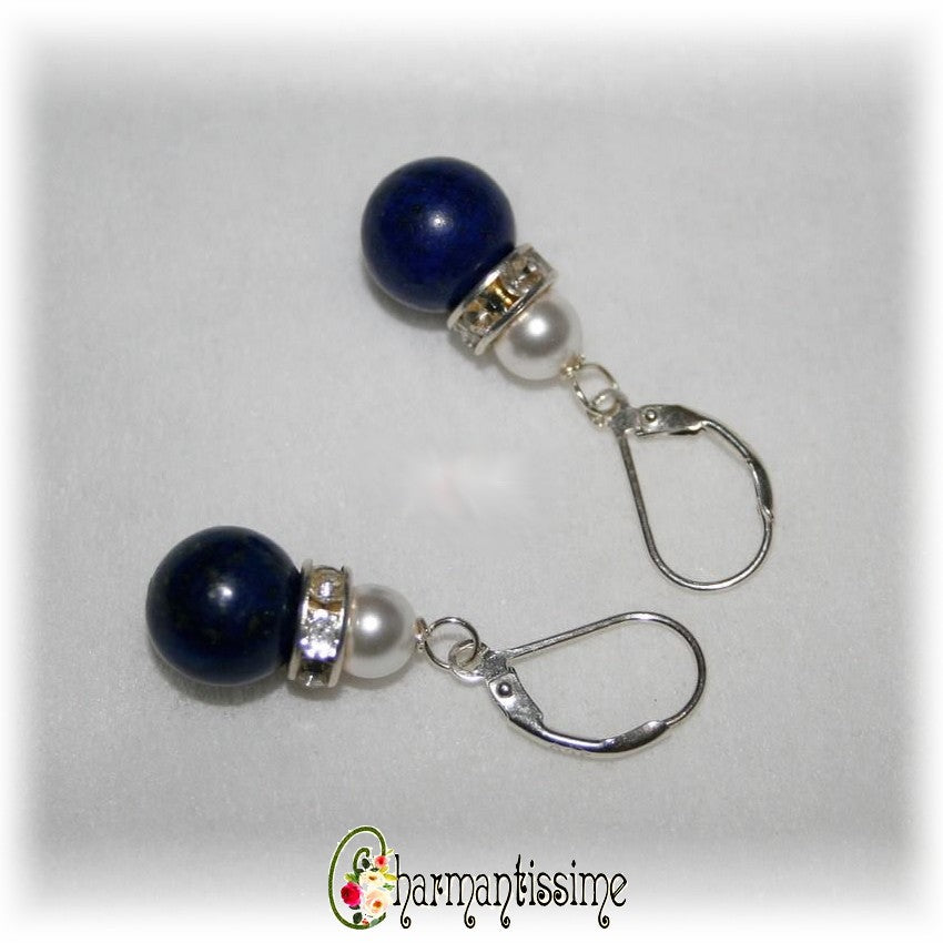 Boucles d'oreilles lapis-lazuli bleu marine bleu nuit perles avec strass et perles swarovski sur dormeuses en argent 925 pour la protection et la chance