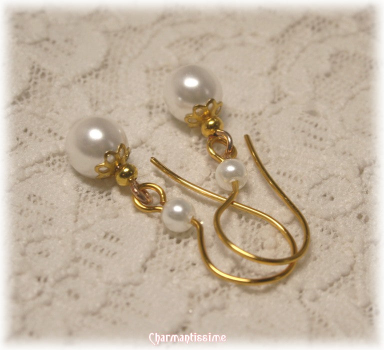 Boucles d'oreilles mariage perles ivoires nacrées, métal doré "or"