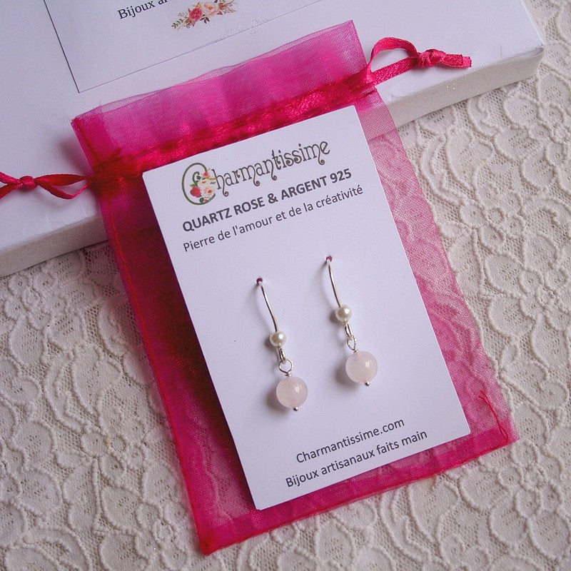 Boucles d'oreilles en argent 925, quartz rose et perles nacre blanches de la marque Charmantissime pour mariage et pour offrir en cadeau