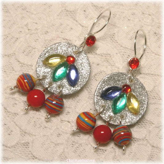 Boucles d'oreilles boho-chic sequin argent et perles strass multicolores