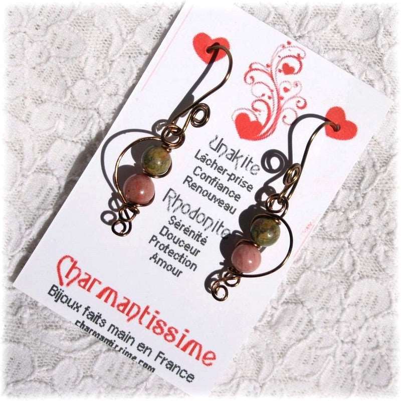 cadeau boucles d'oreilles perles unakite et rhodonite volutes cuivre-bronze wire-wrapping