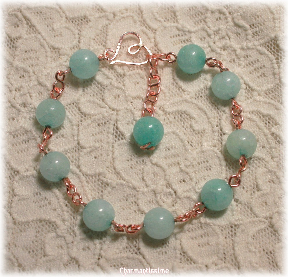 Bracelet de style rosaire en perles d'amazonite sur maillons infini et coeur "or rose"