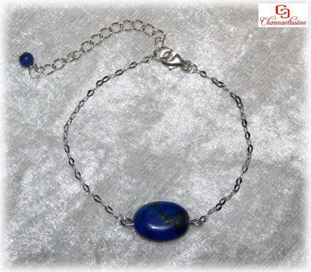 Idée cadeau : bracelet perle lapis-lazuli sur chaine gourmette argent massif