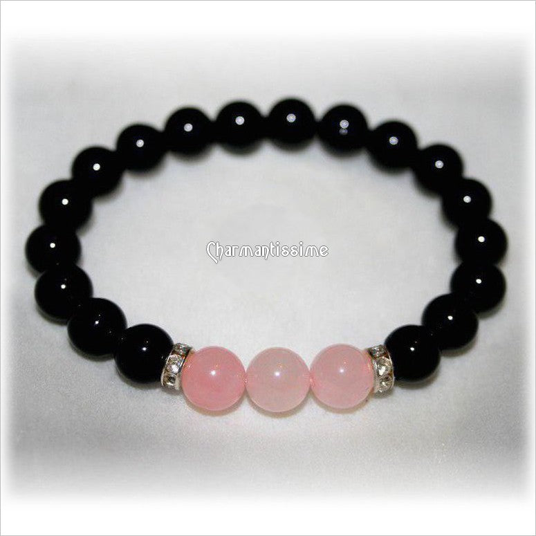 Bijou femme bracelet pierres naturelles rose & noir Tourmaline noire Quartz rose Strass pour Amour et Protection