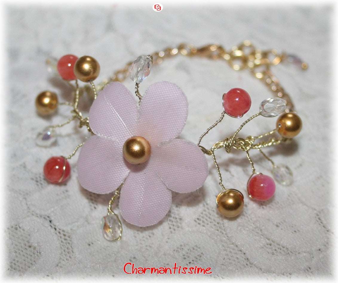 bracelet mariage fleur cerisier japonisant rose laiton or perles jade sakura