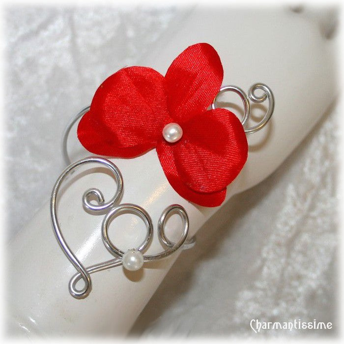 bracelet mariage fleur orchidée rouge et coeur argent