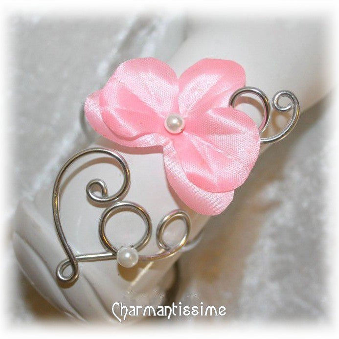 Bracelet mariage floral orchidée rose sur coeur argent pour mariée champêtre