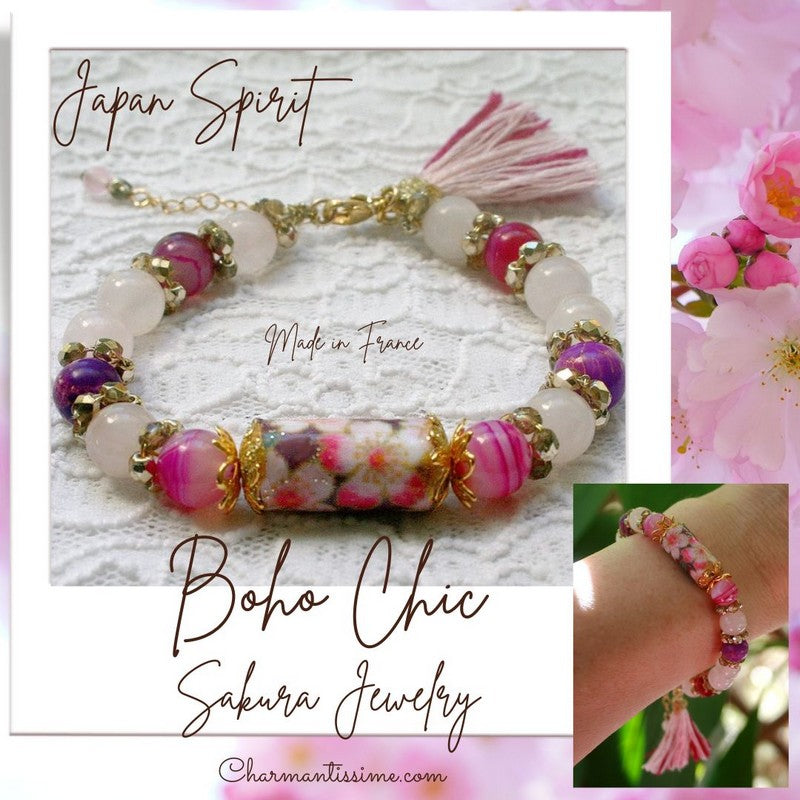 Bracelet mariage floral fleurs de sakura rose fuchsia et doré or baroque romantique