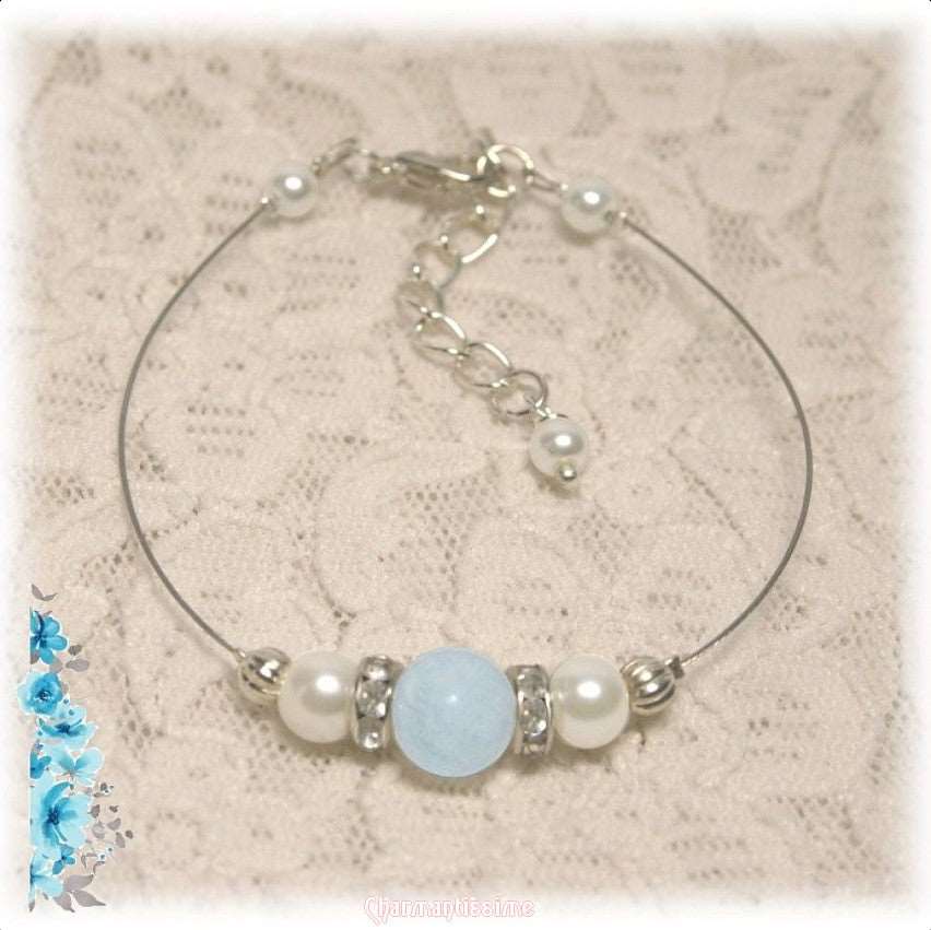 Bracelet de mariée bleu ciel et blanc, strass, aigue-marine