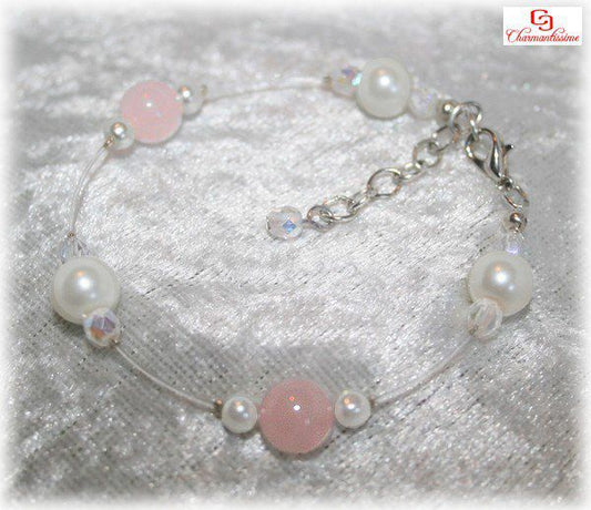 Bracelet Amour Quartz rose et perles nacrées + perles cristal pour mariée