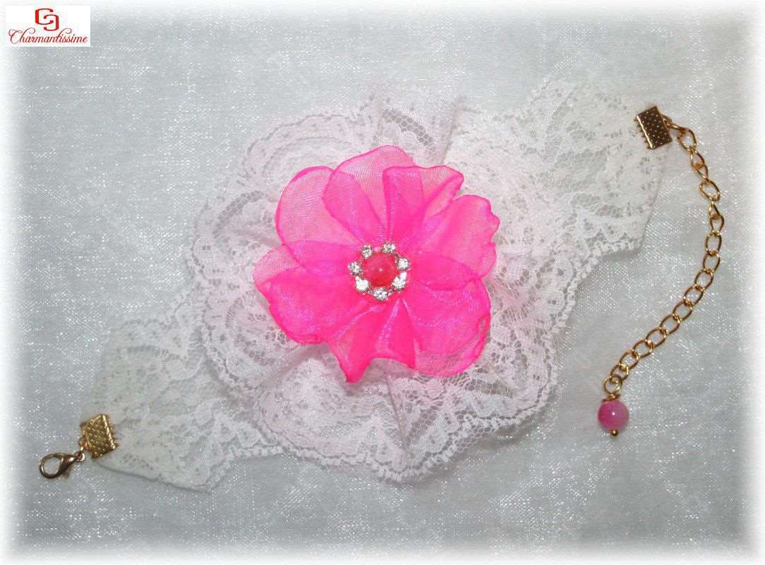 Bracelet mariée dentelle ivoire Fleur organza rose fushia et Perles Jade rose