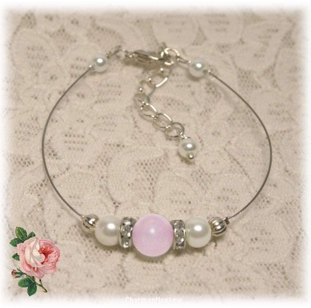 bracelet de mariée rose et blanc, strass. bijou mariage quartz rose original beau et pas cher