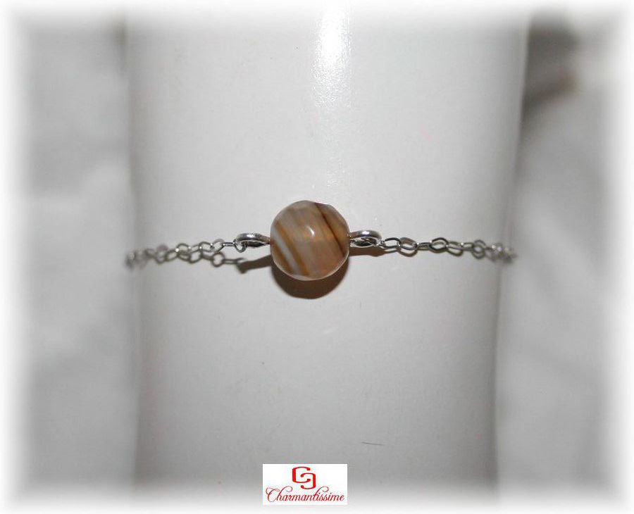 Bracelet perle agate striée argent 925 style minimaliste - Bracelet fin argent 925 et perle pierre Agate striée marron blanc et beige, à votre taille