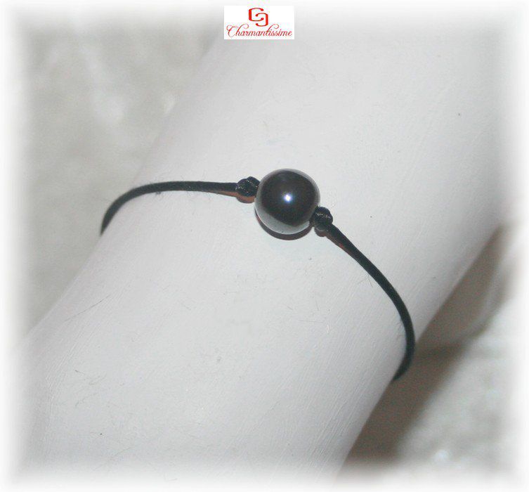 Bracelet Hématite cordon fin noir style minimaliste ajustable / homme / femme