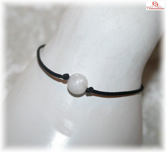 Bracelet femme en pierre de lune, taille ajustable cordon noir minimaliste